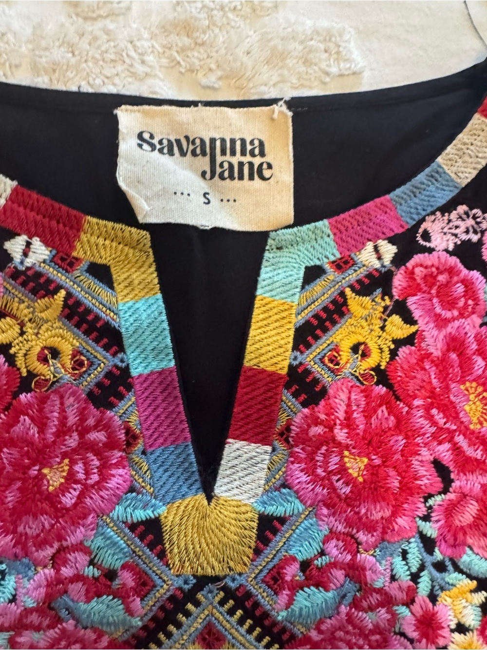 Savanna Jane Black V-Neck Top with Pink Floral Embroidery - Picture 2 of 3